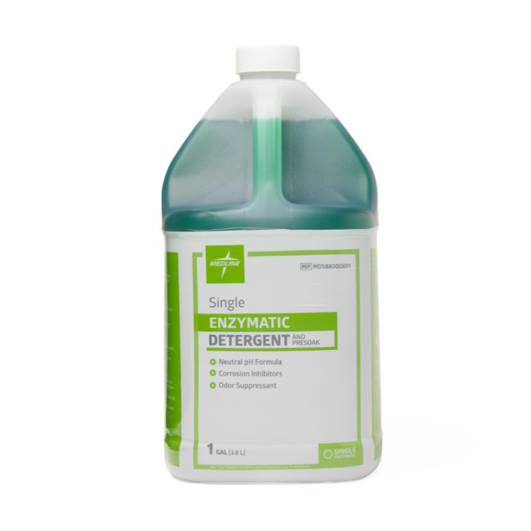 A gallon jug of Medline Enzymatic Surgical Instrument Detergent and Presoak, with a green liquid and white label bearing green text, has a neutral pH formula plus corrosion inhibitors and odor suppressant.